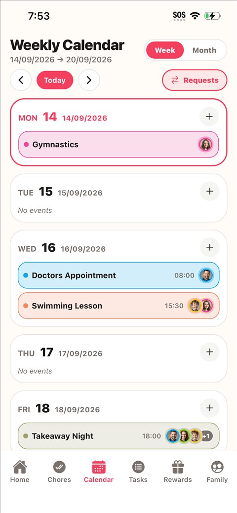Gather’s weekly calendar, showing each family member’s events colour-coded by person.