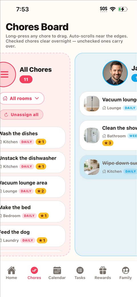 The chores board, with unassigned chores on the left and a column per family member.