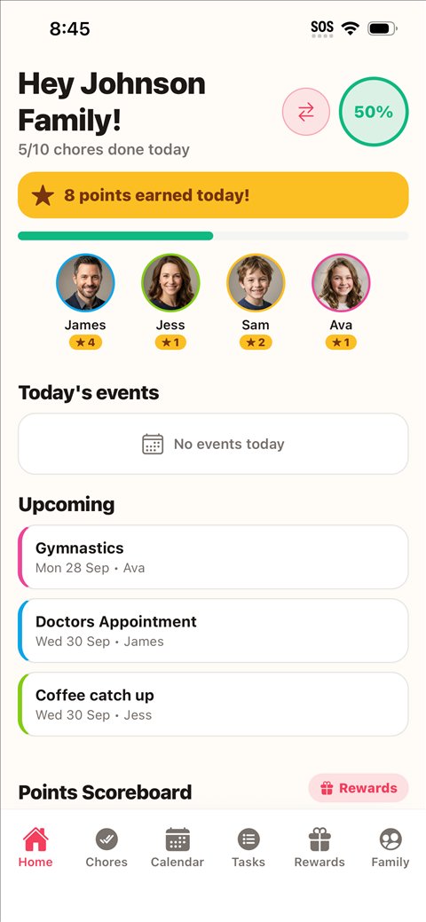 Gather’s home screen: the family’s avatars with today’s points, and the events coming up this week.