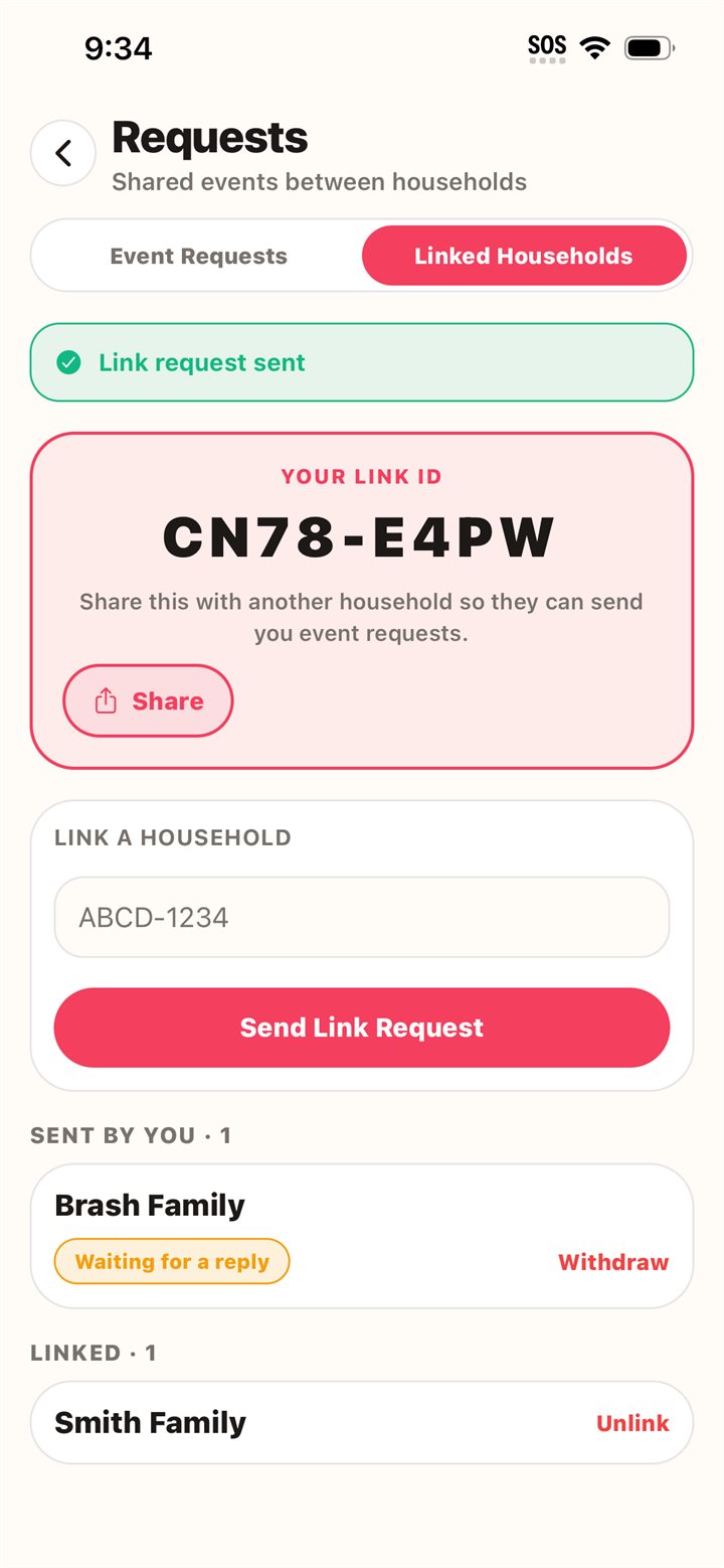 The Linked Households screen: your household’s Link ID to share, a box to link another household, and a list of linked families.