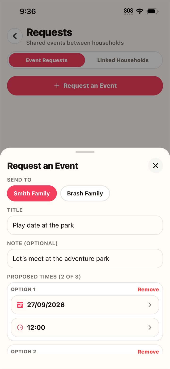 Requesting an event: a playdate at the park sent to the Smith family, with a note and up to three proposed times.