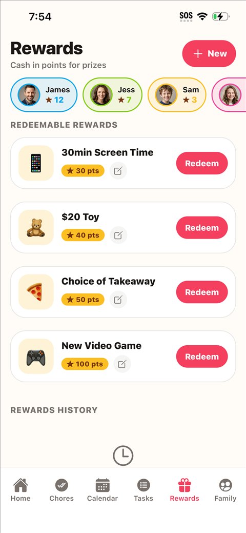 The rewards screen, showing each person’s points balance and rewards they can redeem.