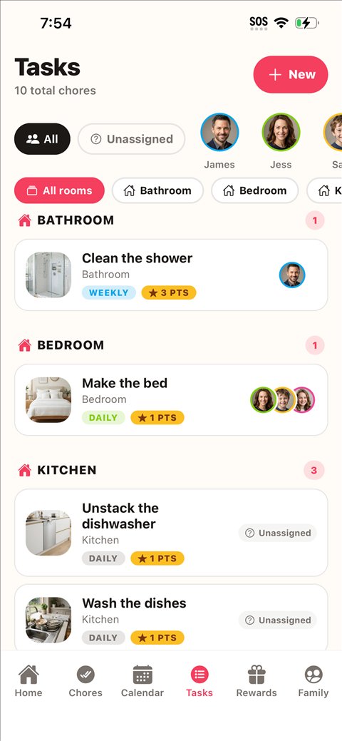 The full chore list grouped by room, each with how often it repeats and how many points it’s worth.